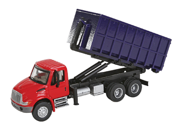 Picture of 1:87 Scale - International 4300 Dual-Axle Dumpster Truck - Red Cab / Blue Dumpster